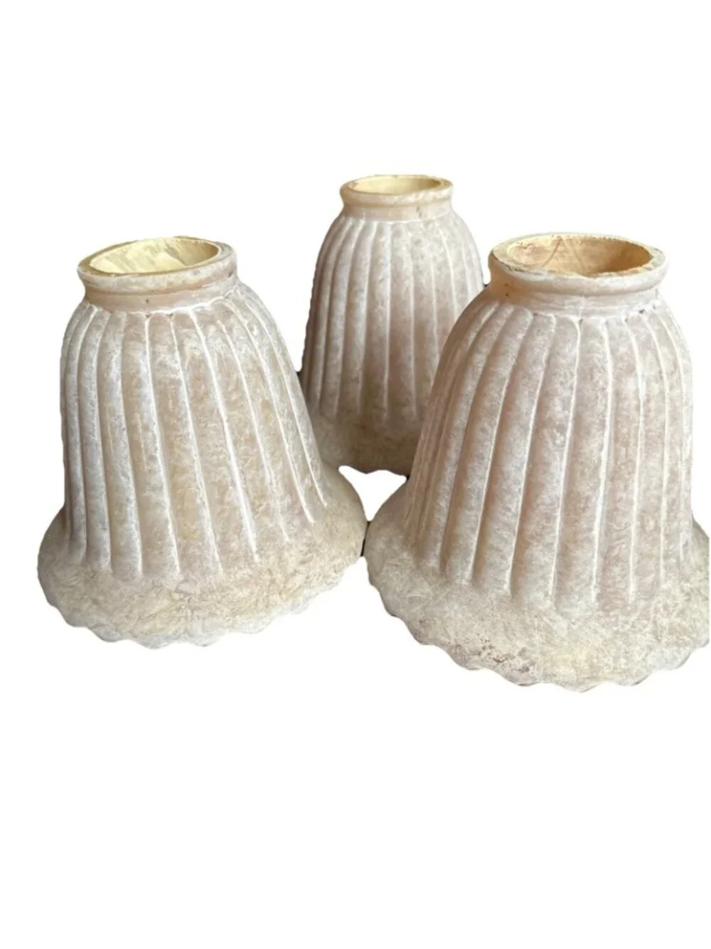 Vintage Fitted Glass Bell Shades Three Beige Marble Painted Ribbed Scalloped